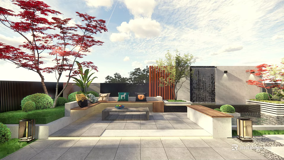 Serene Garden Landscape With Red Trees Green Lawn Stone Pavement Outdoor Seating And Wooden Screen 3d model 
