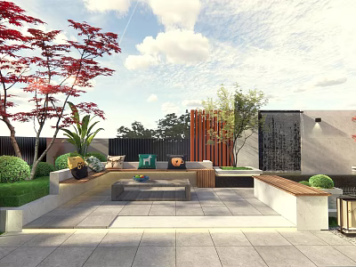 Serene Garden Landscape With Red Trees Green Lawn Stone Pavement Outdoor Seating And Wooden Screen 3d model