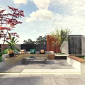 Serene Garden Landscape With Red Trees Green Lawn Stone Pavement Outdoor Seating And Wooden Screen