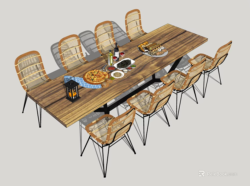 Wooden Dining Table Set With Woven Chairs Metal Legs Food Plates Wine Bottle And Lantern 3d model 