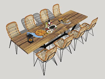 Wooden Dining Table Set With Woven Chairs Metal Legs Food Plates Wine Bottle And Lantern 3d model