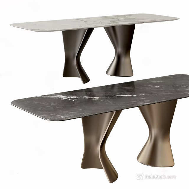 Modern Dining Table With Black Marble Tabletop And Unique Metal Legs Design 3d model 