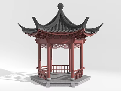 Traditional Chinese Pavilion With Red Pillars Black Tiled Roof Carved Railings And Octagonal Base Design 3d model