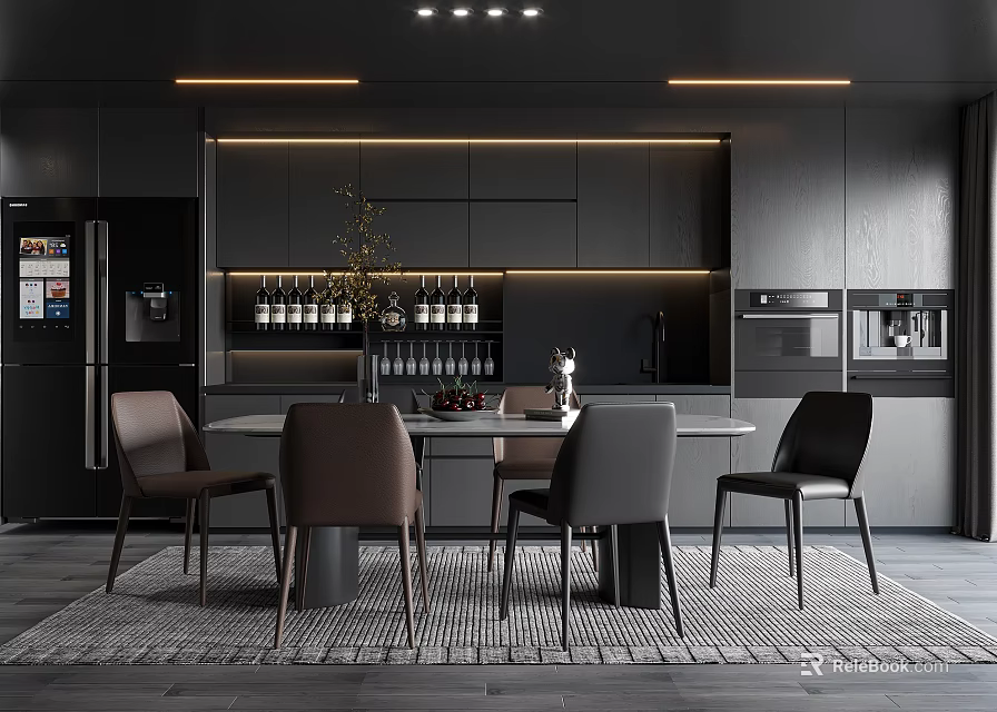 Modern Restaurant Interior With Black Cabinets Dining Table Wine Rack And Chairs 3d model 