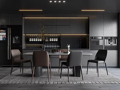 Modern Restaurant Interior With Black Cabinets Dining Table Wine Rack And Chairs 3d model