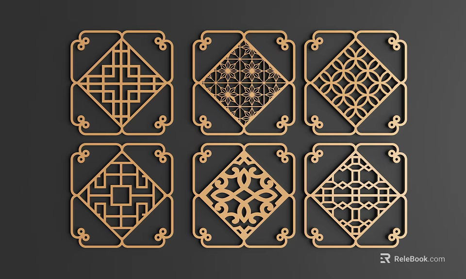 Golden Square Carved Patterns With Various Decorative Designs On Black Background 3d model 