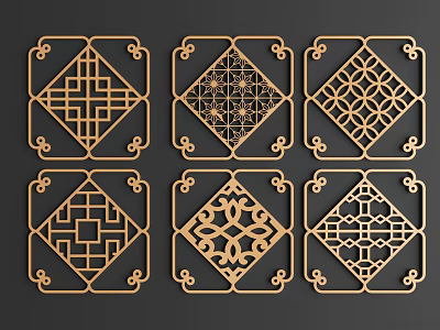 Golden Square Carved Patterns With Various Decorative Designs On Black Background 3d model