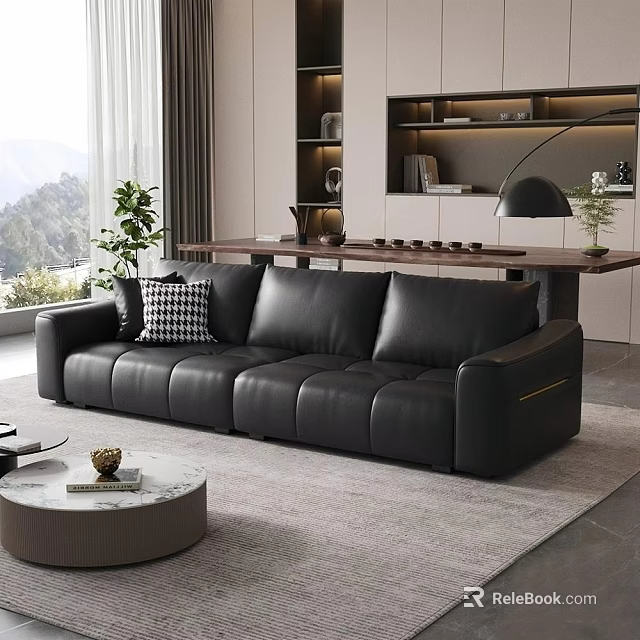 Black Leather Sofa And Round Coffee Table Set In Modern Living Room With Plants And Lamp 3d model 