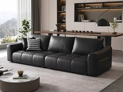 Black Leather Sofa And Round Coffee Table Set In Modern Living Room With Plants And Lamp 3d model
