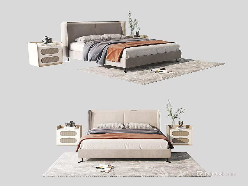 Stylish Double Bed With Light Headboard Bedside Tables Vases And Rug 3d model