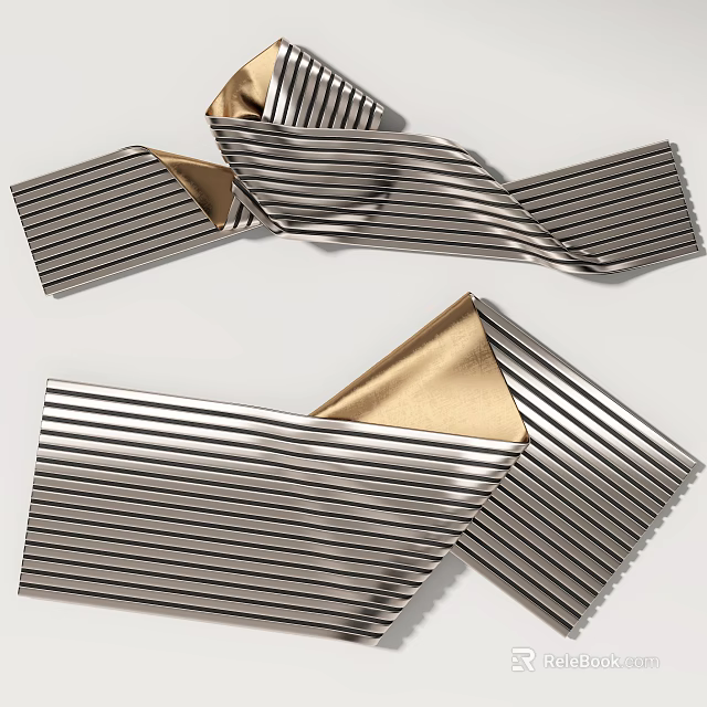 Modern Silver Metallic Wall Decor With Vertical Stripes Gold Lining And Curved Design 3d model 