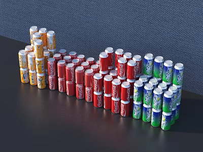 Colorful Beverage Cans Stacked in Tiered Display on Black Surface 3d model
