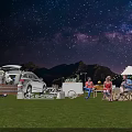 Garden Landscape With Starry Night Sky Mountains Lawn Camping Van Tent And String Lights