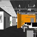Modern Public Office Space With Orange Wall Green Plants Desks Computers Office Chairs
