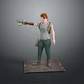 Red Haired Man Holding Gun Wearing Vest And Green Pants With Headphones On Platform