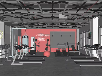 HIIT Fitness Gym With Treadmills Dumbbells Exercise Ball Red Accent Wall And Free Trial 3d model