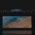 Modern Stage Design With Large Screen Showing Ocean Waves Sand Beach And Lighting Equipment