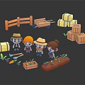 Cute Cartoon Farming Scene with Little Farmers Wheelbarrow Wooden Crates Fence and Vegetable Beds