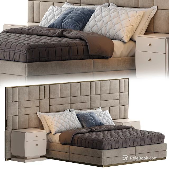 Modern Double Bed With Textured Headboard Brown Quilt And White Bedside Tables 3d model
