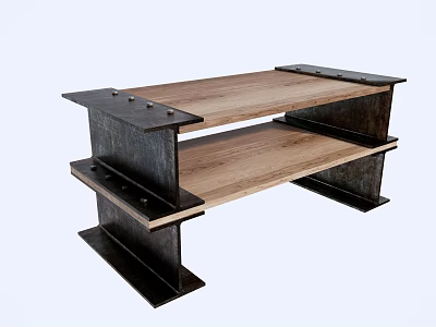 Functional Desk with Wooden Top Metal Frame and Two-Tiered Industrial Style Design 3d model