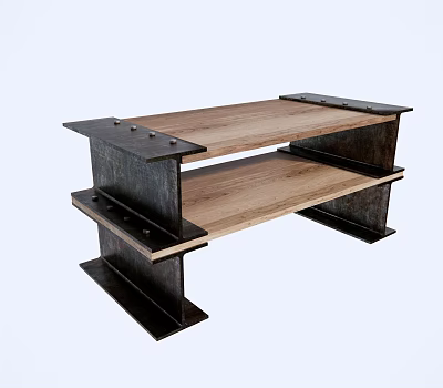 Functional Desk with Wooden Top Metal Frame and Two-Tiered Industrial Style Design 3d model