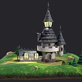 Cartoon Castle Scene With Black Roof White Walls Green Grass Pine Trees And Stones