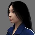Woman With Black Long Hair Wearing Blue Track Jacket With White Stripes