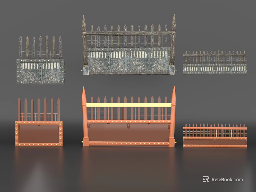 Various Decorative Room Partitions With Spiked Tops And Metal Wooden Frames 3d model 
