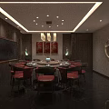 Chinese Style Private Dining Room Interior With Round Table Red Chairs And Wooden Decor