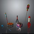 Various Fireworks Equipment Including Rocket Shaped Devices Cylindrical Firecrackers Square Box And Colorful Decorations