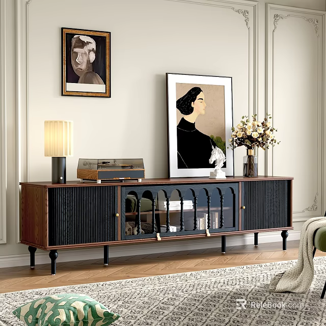 Modern Wooden TV Stand with Glass Doors Table Lamp Record Player Artwork and Flower Vase 3d model 