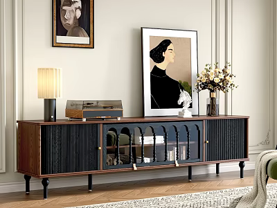 Modern Wooden TV Stand with Glass Doors Table Lamp Record Player Artwork and Flower Vase 3d model