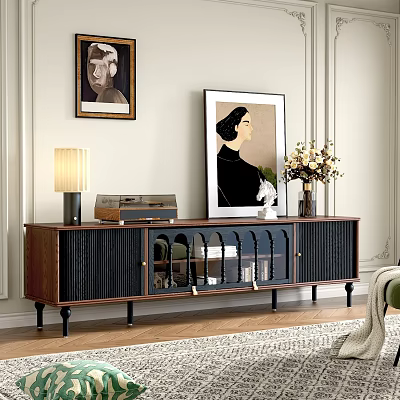 Modern Wooden TV Stand with Glass Doors Table Lamp Record Player Artwork and Flower Vase 3d model
