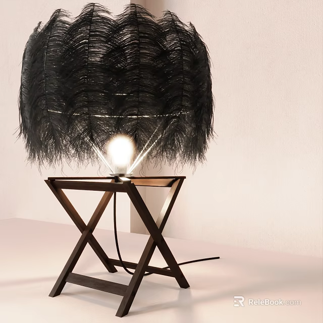 Illuminated Table Lamp With Black Feather Lampshade And Wooden Cross Base 3d model 