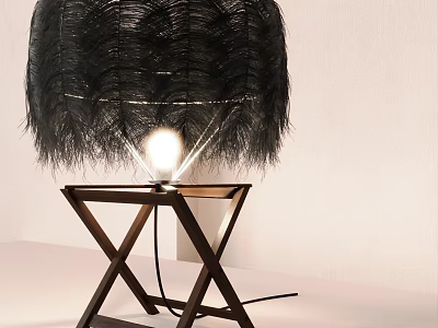 Illuminated Table Lamp With Black Feather Lampshade And Wooden Cross Base 3d model