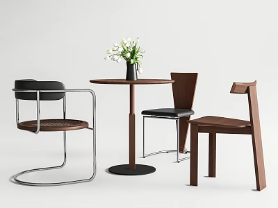 Modern Minimalist Table and Chair Set with Round Wooden Table Flower Vase and White Flowers 3d model