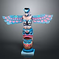 Scenic Natural Landscape With Colorful Totem Pole Featuring Eagle Design And Carved Details