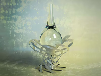 Transparent Glass Vase With Twisted Metal Strip Base On Textured Light Green Wall 3d model