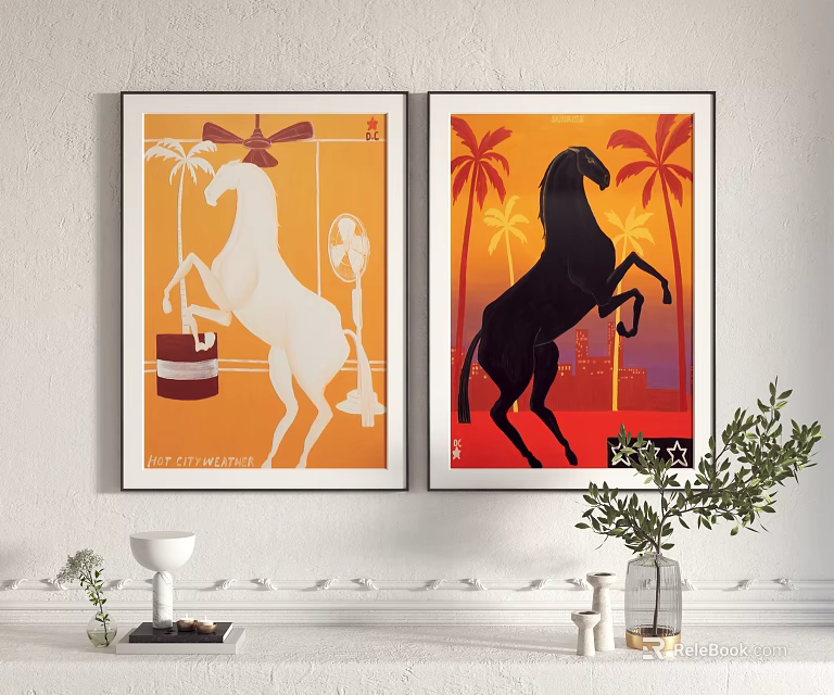 Two Wall Decor Posters Featuring White Black Horses Palm Trees Art 3d model