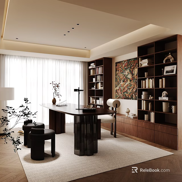 Spacious Study Room With Wooden Bookshelves Writing Desk And Decorative Painting 3d model 