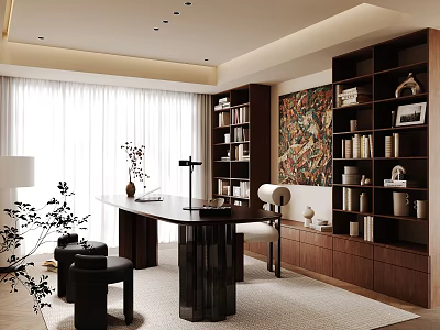 Spacious Study Room With Wooden Bookshelves Writing Desk And Decorative Painting 3d model