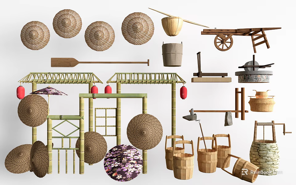 Traditional Handmade Bamboo And Wooden Crafts With Baskets Hats And Furniture 3d model 