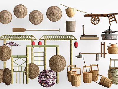 Traditional Handmade Bamboo And Wooden Crafts With Baskets Hats And Furniture 3d model