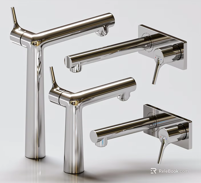 Modern Chrome Finish Metal Faucets In Various Wall Mounted And Freestanding Styles 3d model 