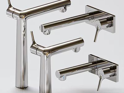 Modern Chrome Finish Metal Faucets In Various Wall Mounted And Freestanding Styles 3d model
