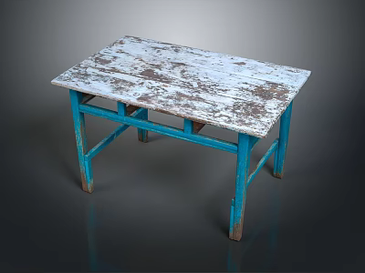 Rustic Table with Weathered White Surface and Blue Painted Wooden Legs 3d model