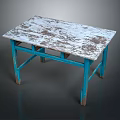 Rustic Table with Weathered White Surface and Blue Painted Wooden Legs 3d model