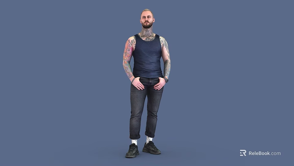 Tattooed Man In Black Tank Top Jeans Standing With Hands In Pockets Against Blue Background 3d model 
