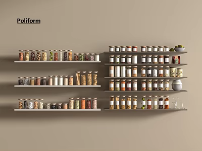 Poliform Kitchen Multiple Shelves with Assorted Spice Jars and Condiment Containers 3d model