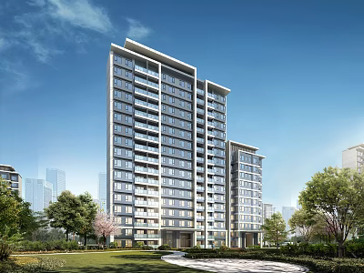Modern High Rise Residential Building with Greenery Trees Lawn and Blue Sky 3d model